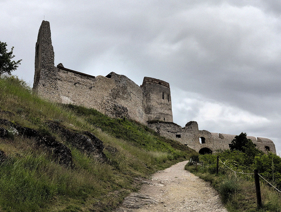 Ruins of Čachtice Castle on a hilltop ridge in Slovakia
