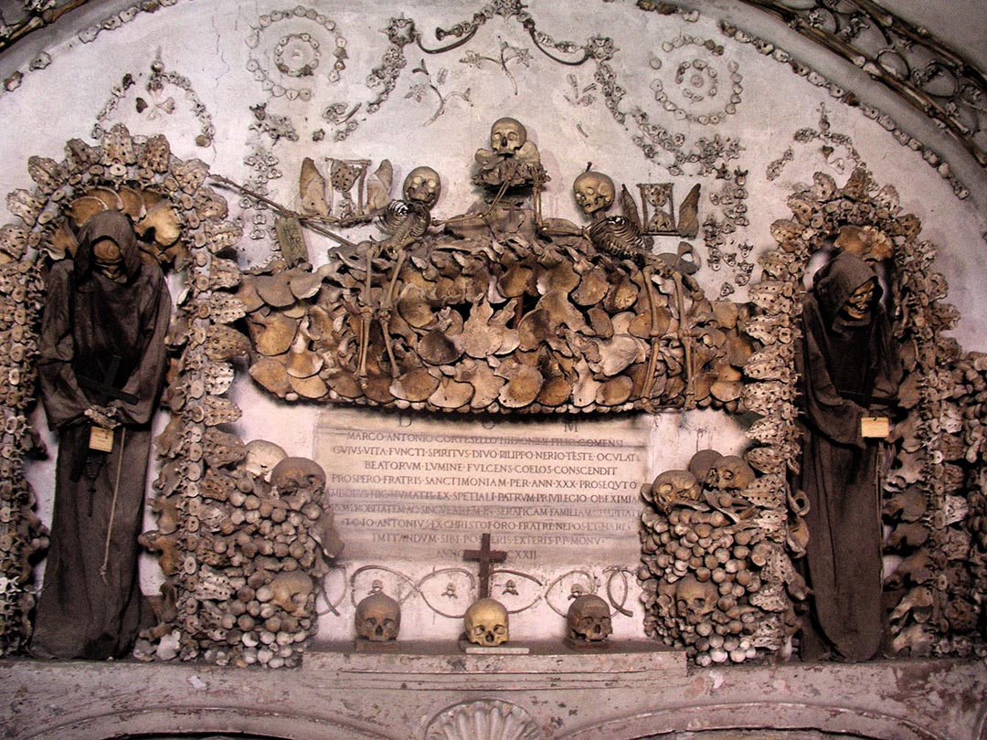 Bone decorations forming arches and motifs in Rome’s Capuchin Crypt