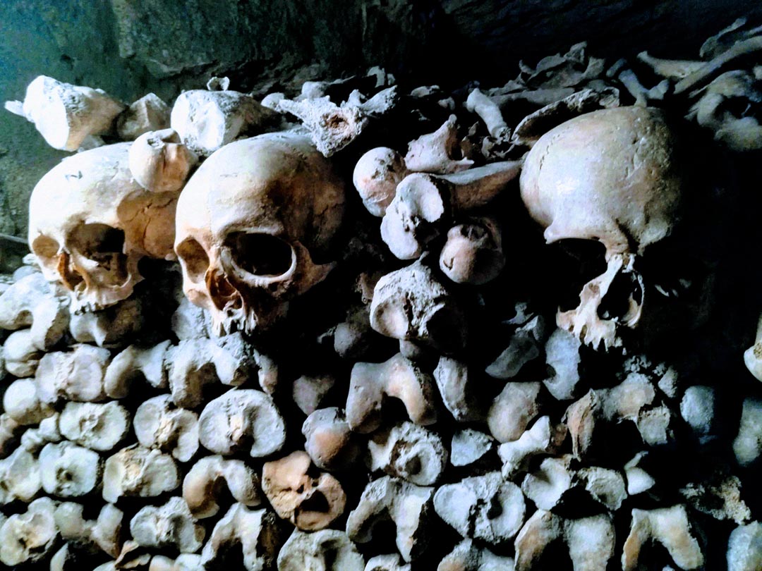 Orderly skull and tibia walls inside the Paris Catacombs