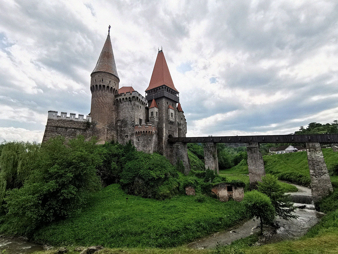 Gothic bridge and towers of Corvin (Hunyadi) Castle in Romania