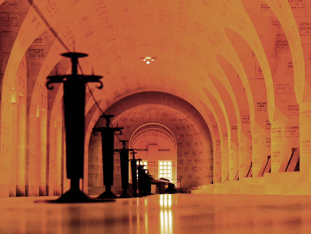 Lantern-tower and low windows of the Douaumont Ossuary at Verdun