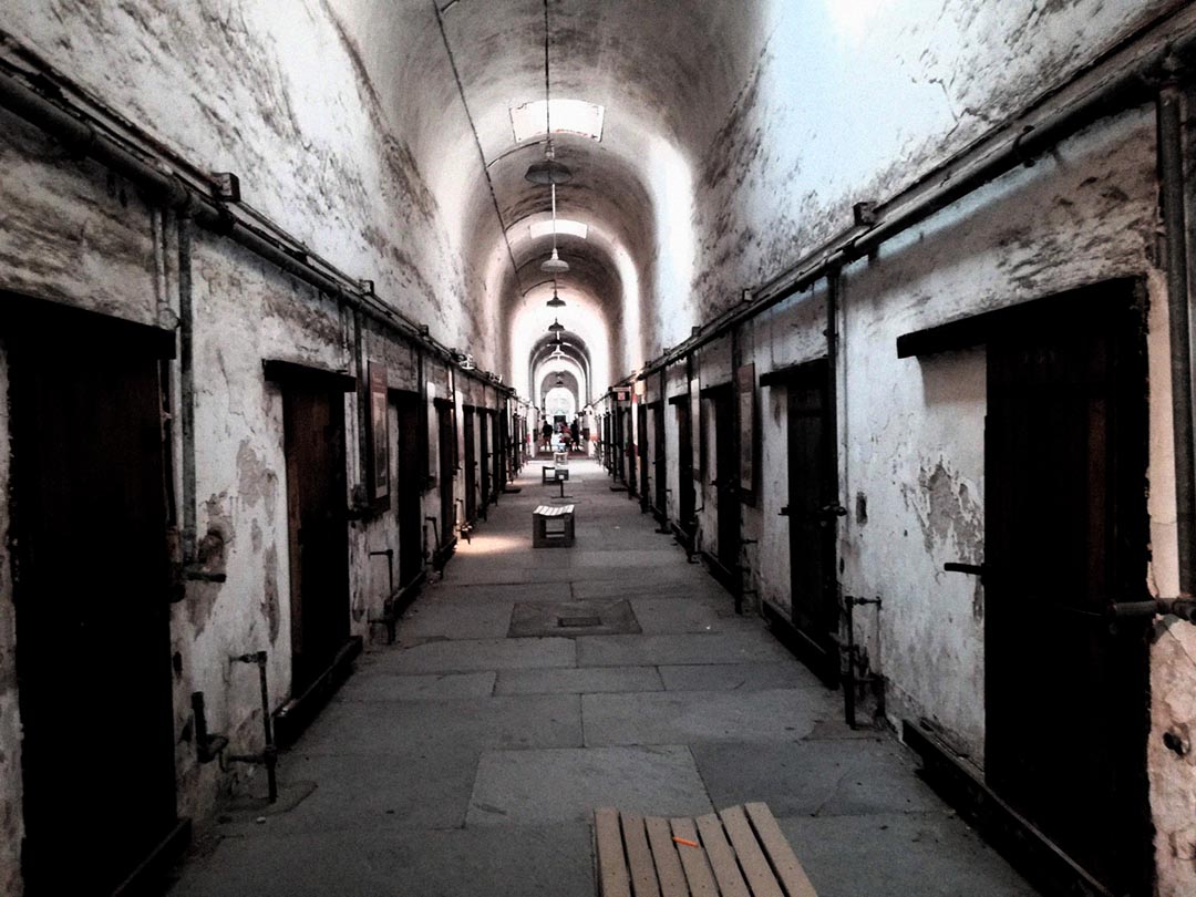 Radial prison block and crumbling cells at Eastern State Penitentiary