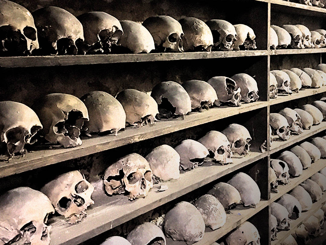 Dense ranks of skulls beneath Holy Trinity Church in Rothwell
