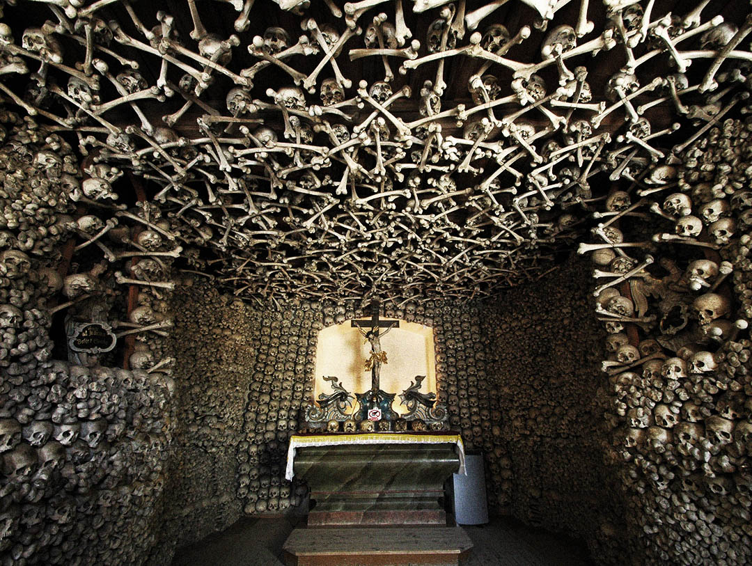 Bone-lined interior of the Skull Chapel in Czermna, Poland